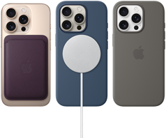Trois iPhone 16 Pro, vue arrière, avec accessoires MagSafe fixés : Porte-cartes en tissage fin avec MagSafe pour iPhone, Chargeur MagSafe et Coque en silicone avec MagSafe pour iPhone