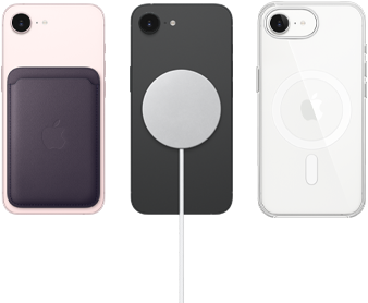 iPhone&nbsp;17e rose pastel avec Porte-cartes en tissage fin violet nuit, iPhone&nbsp;17e noir avec coque en silicone noire avec chargeur MagSafe, iPhone&nbsp;17e blanc dans une coque transparente avec MagSafe